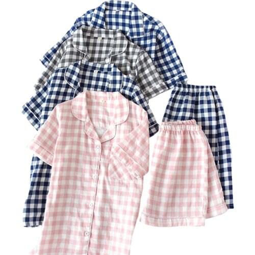 Summer New Men And Women Pajamas Set Simple Style Plaid Comfort Cotton Sleepwear Set Short Sleeve+Shorts Homewear Casual Wear