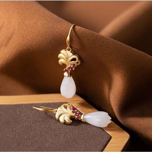 New Silver Inlaid Natural Hetian Jade Earrings Chinese Style Retro Magnolia Charm Diamond Niche Design Womens Brand Jewelry