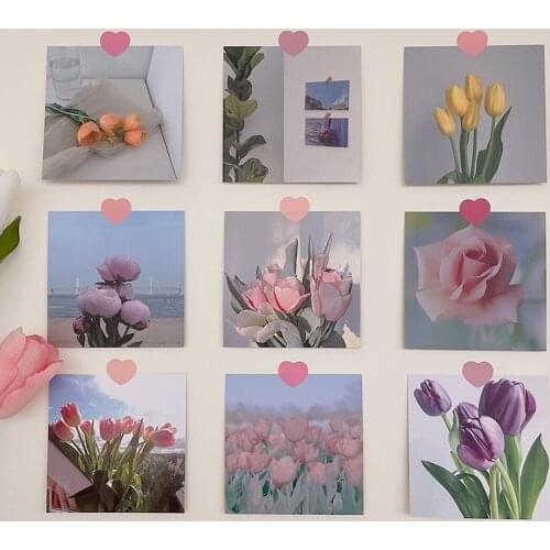 Ins Style Wall Sticker Plant Flower Tulip Rose Postcard 9 Sheets Art Photography Props Collocation Postcard DIY Wall Sticker