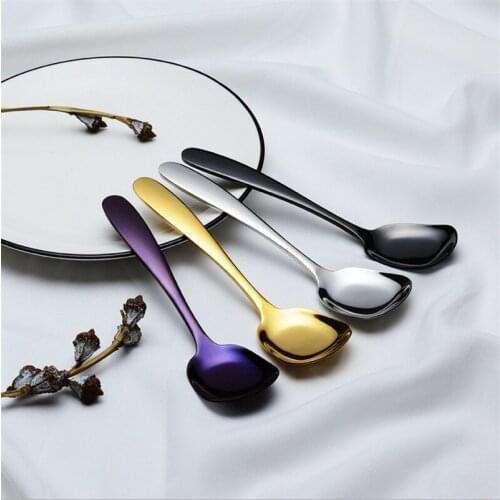 Stainless Steel Tableware Ice Cream Square Head Coffee Soup Scoops Dessert Cake Spoon 4 Color Spoons Kitchen Tools