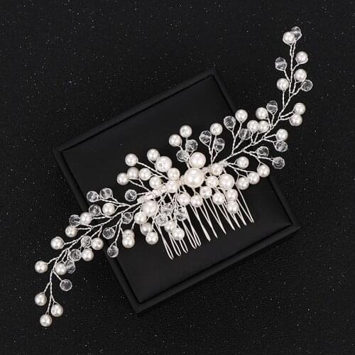 Bridal Hair Combs Ornaments Crystal Hairwear Wedding Hair Accessories Silver Color Women Pearl Headpiece Headdress Decoration