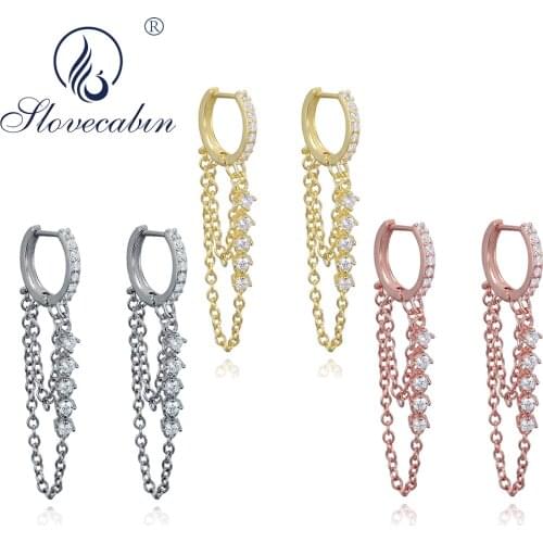 Slovecabin 925 Sterling Silver Zircon Tassel Chain Huggies Hoop Earrings For Women Wedding Femme Luxury Crystal Ohrring Jewelry