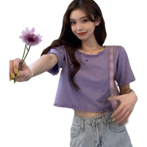 Retro Hong Kong Style Navel Tshirt Women Bottoming Summer Short Sleeve Solid Color Tee Shirt Tops