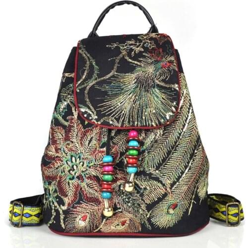 Ethnic Style Women Casual Backpacks Ethnic Phoenix Embroidered Sequins Canvas Back Pack Bag Female Vintage Shoulders Bag
