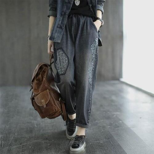 2020 Autumn New Arts Style Women Elastic Waist Loose Vintage Embroidery Jeans Cotton Denim Harem Pants Femme Jean Trousers M465