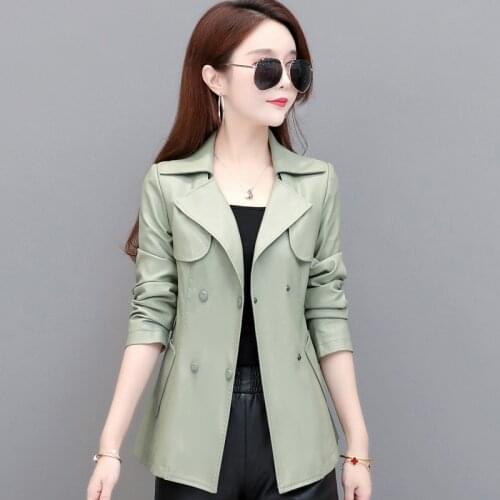 Women Elegant Faux Leather Jackets Pu Leather Coat Ladies Soft Faux Sheepskin Short Trench With Belt Female Overcoat Outerwear