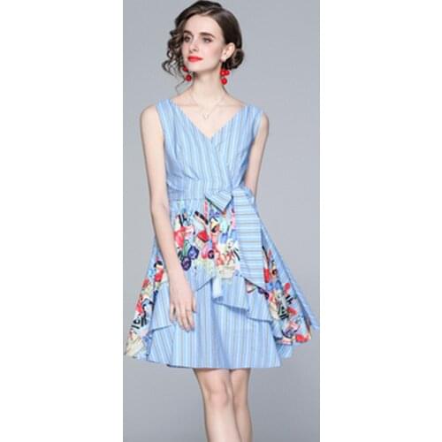 Runway 2021 Summer Womens V-Neck Ruffles Floral Print Slim Irregular Mini Dress Simple Casual Striped Lace-Up Short Dresses