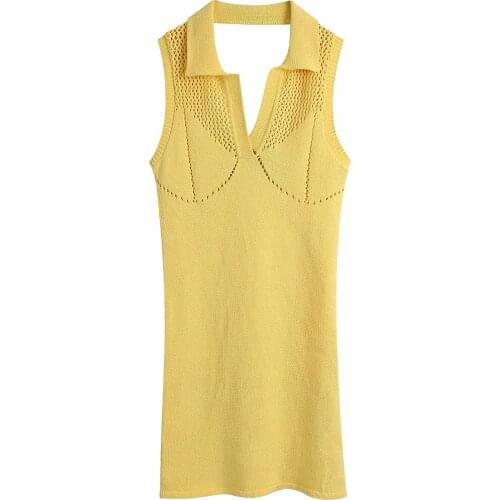 Za Women New Polo Lapel Sexy Perspective Hollowed Out Backless Mini Dress Party Vest Knitting Skirt XITIMEAO
