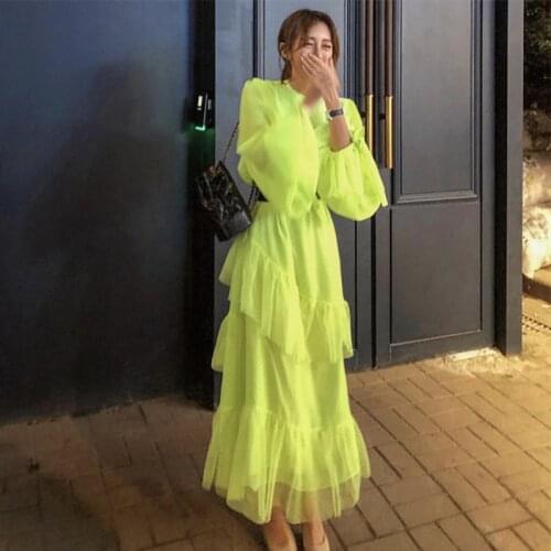 2021 Korean Fashion Layer Women Dress Elegant Solid High Waist Transparent Summer Dress Casual femme Vestido