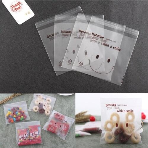 100pcs Cute Smiley Packing bag S Self-Adhesive Plastic Bags Thin Candy Cookie Bags Biscuits Snack Baking Package Party Supplies