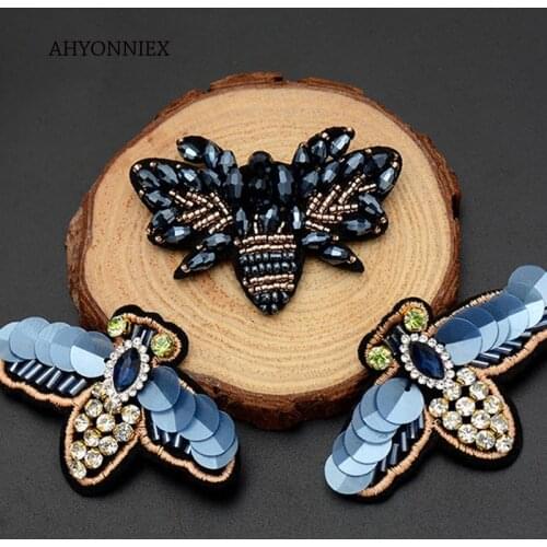 AHYONNIEX Promotion 1PC Blue Sequins beads bee patches applique sew on butterfly clothes shoes bags decoration DIY patch
