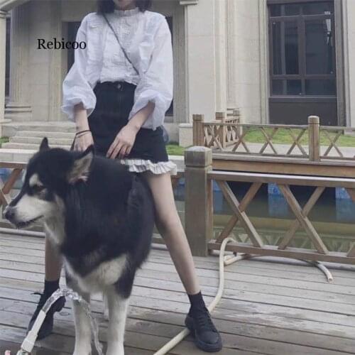 High-waisted Lace Washing Gothic Jeans Skirt Black White Pattern Denim Mini Pencil Skirt Irregular A-line Patchwork Streetwear