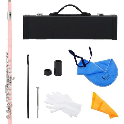 M MBAT 16 Holes Flute Closed Hole C Tone Pink Flute Silver Key Cupronickel Woodwind Instruments With Leather Case Cleaning Cloth