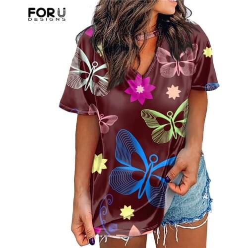 FORUDESIGNS Fashion Women Casual T-Shirts Retro Fluorescent Butterfly Female Shorts Tops And Tees Beach Ladies Camiseta Femme