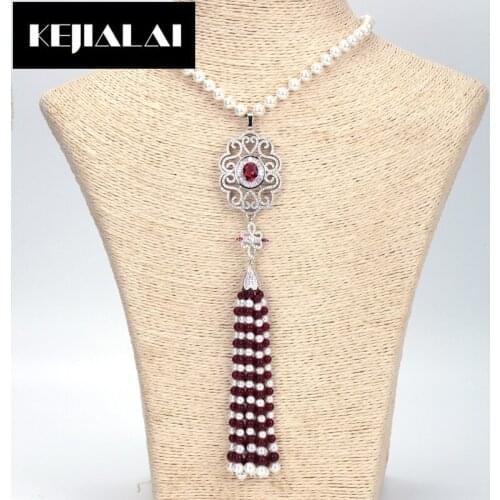 KEJIALAI Fashion Boho Jewelry Tassel Necklace Colorful Beads Tassel Original Design White Pearl Red Glass Crystal Beads Tassel