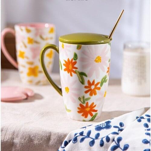 Japanese style high capacity ceramic mug dust-proof insulation home couple coffee cup modern simple container with lid spoon