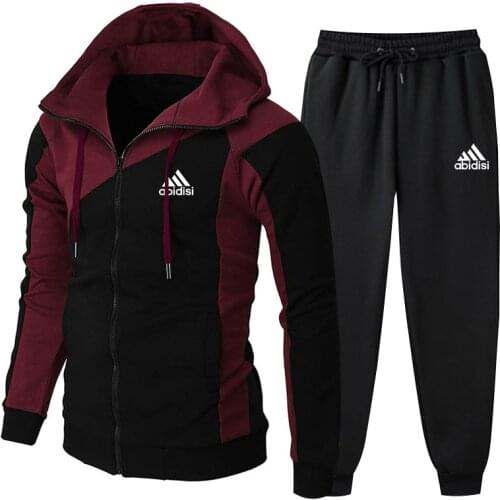 Autumn And Winter New Casual Mens Sets Fashion Splicing Sportswear Hooded Zipper Top & Black Casual Pants Two-Piece Suit