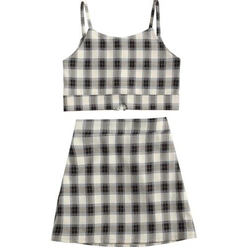 New Girl’s Summer Two Piece Set Fresh Plaid Printing Zipper Suspender Tops and A-line Short Skirt