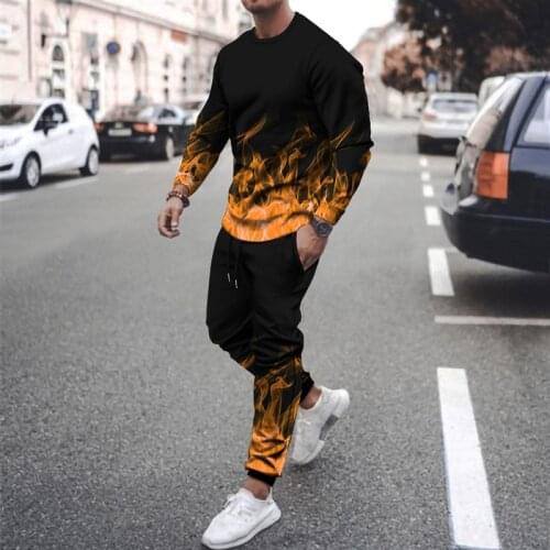 2021 summer mens long-sleeved trousers two-piece sports 3D flame printing suit casual trousers suit men