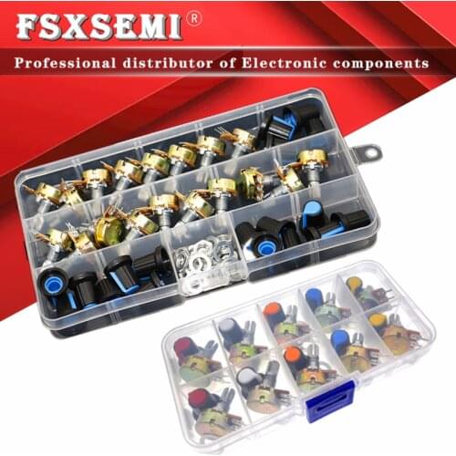 10values New WH148 Potentiometer Kit B1K 2K 5K 10K 20K 50K 100K 250K 500K 1M 15mm Linear Taper Rotary Resistor Set 3pin With Cap
