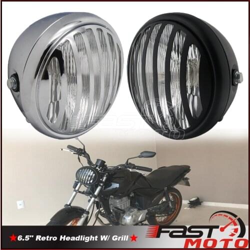 Black/Chrome 6.5" Retro Headlight W/ Grill Motorcycle Head Light Cafe Racer Universal Front Headlamp for Harley Chopper Bobber