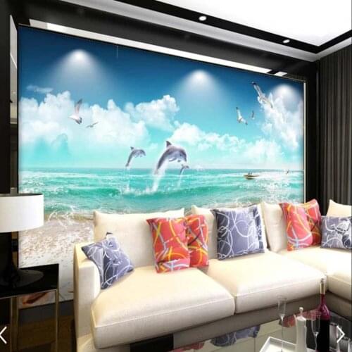 Blue Sky Dolphin Sea Beach Sea Mew Bird Wallpaper Mural Living Room Wall Decor Art Wall Paper Murals 3D Print Photo Wallpapers