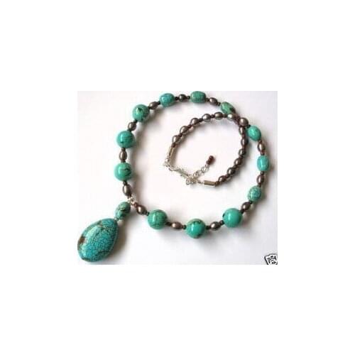 Wedding Woman Jewelry 18'' Natural Gray Freshwater Pearl Round Tuquoise Bead Necklace Waterdrop Pendant Handmade Gift