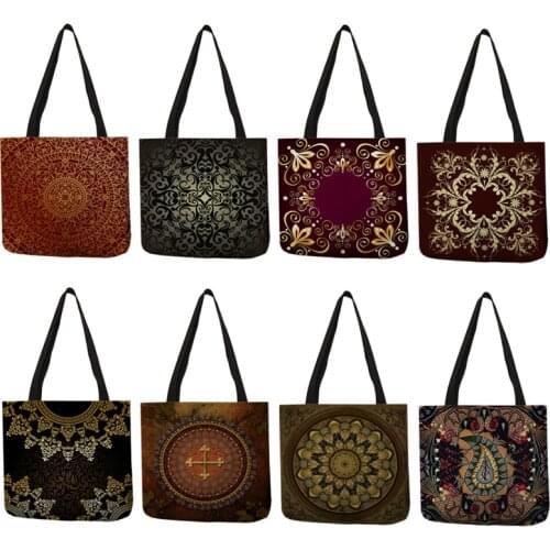 Dark Brown Color Casual Grocery Cloth Bag Exquisite Floral Pattern Printed Shoulder Bags Multi Function Storage Decor Handbag