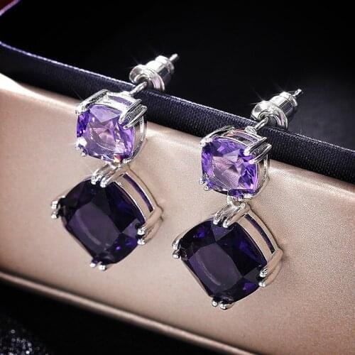 YH-ZL Luxury Female Purple Square Drop Earrings Silver Color Wedding Earrings Vintage Small Dangle Earrings For Women