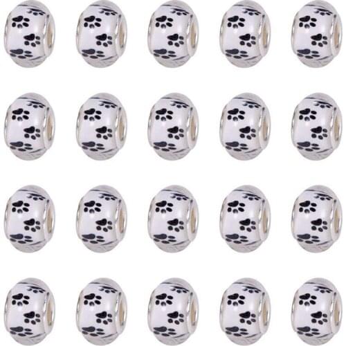 10Pcs European Beads Large Hole Loose Charm Spacer Rondelle Bead with Dog Paw Prints Pet Puppy Footprint Fit Pandora Bracelet
