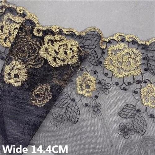 14.4CM Wide White Black Mesh Golden Embroidered Fabric Roses Water Soluble Lace Ribbon Headdress Scarf Dress Splicing Materials