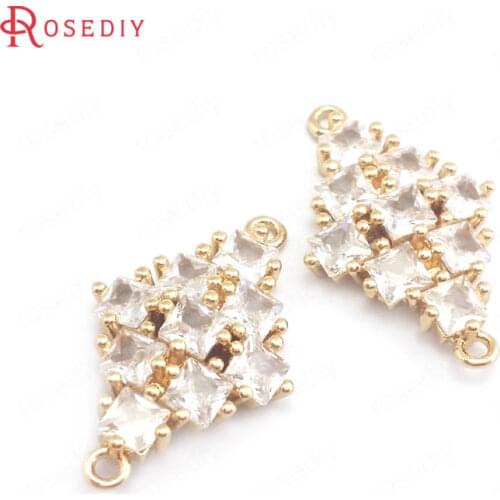 39923)6PCS 18x28MM 24K Champagne Gold Color Brass and Zircon 2 Holes Rhombus Connect Charms Pendants Jewelry Making Supplies