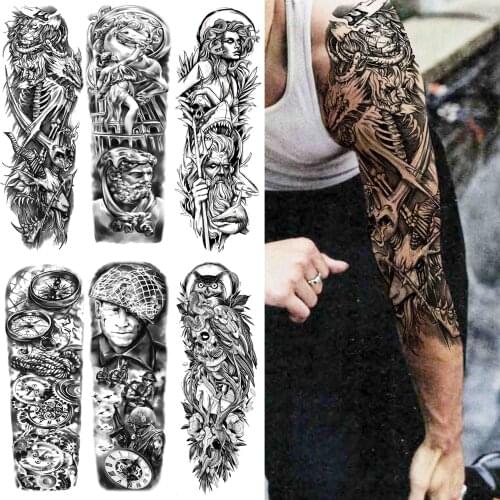 3D Black Warrior Temporary Tattoos For Women Men Soldier Fake God Compass Tattoo Sticker Full Arm Sleeve Black Skull Tatoo Paper