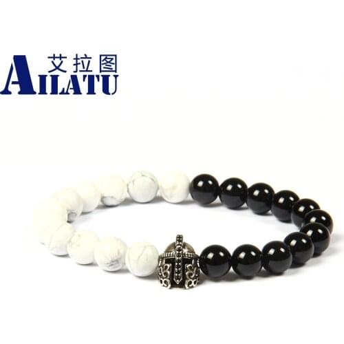 Ailatu Mens Powerful YinYang Jewelry Natural White Howlite & Black Onyx Stone Black Cz Vintage Helmet Spartan Bracelet