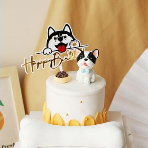 Acrylic Happy Birthday Cake Topper Husky dog Flags Crown Stars Decoration Lovely Cartoon puppy For Baby Kid Party Cakes Gifts