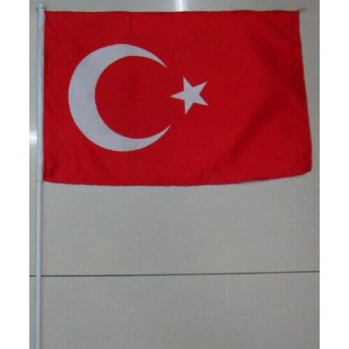Free shipping World National Flag 14 * 21cm Turkey hand wave flags 100pcs / bag with plastic flagpole Polyester