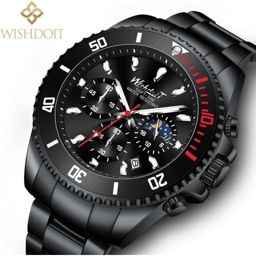WISHDOIT New Mens Watches Luxurious Waterproof Luminous Chronograph Moon Phase Calendar Stainless Steel Men Quartz Clock Watch