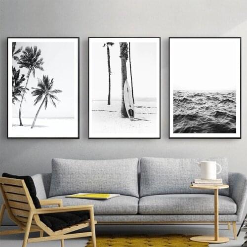 Black White Coconut Tree Beach Sea Island Wave Wall Art Canvas Painting Posters And Prints Wall Pictures For Living Room Decor