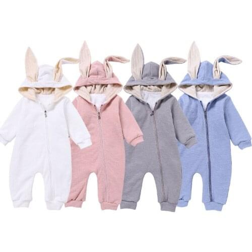 Baby Boys Cartoon Rabbit Ears Plus Velvet Winter New Romper Infant Solid Color Cute Zipper Bodysuit Newborn Childrens Clothing