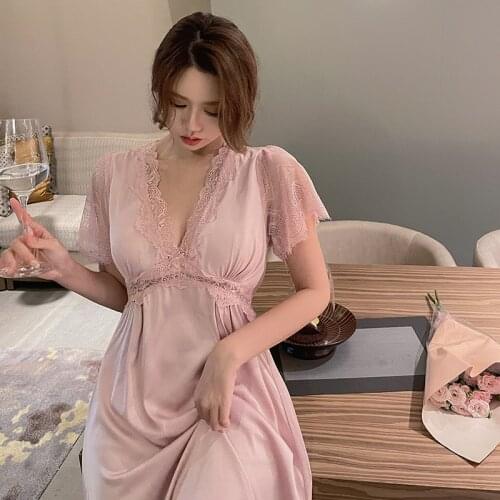 Long Satin Women Nightgown Sexy Short Sleeve Sleepwear V-Neck Home Clothing Intimate Lingerie Casual Pink Lace Nightdress