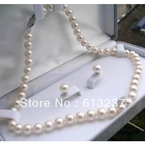 Hot free Shipping new Fashion Style diy Pretty! 8-9mm White Tahiti Pearl Necklace 17'' Earring MY4779