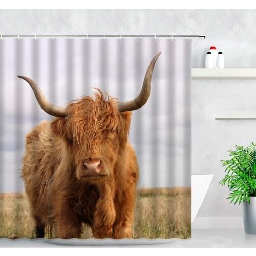Brown Highland Cow Shower Curtains Wild Animals Yak Grass Cattle Natural Scenery Home Decor Bathroom Fabric Bath Hanging Curtain