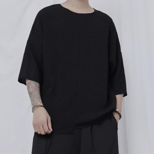 Original new t-shirt mens round neck compassionate Japanese Yamamoto wind dark asymmetrical hem loose five-point sleeve T-shirt