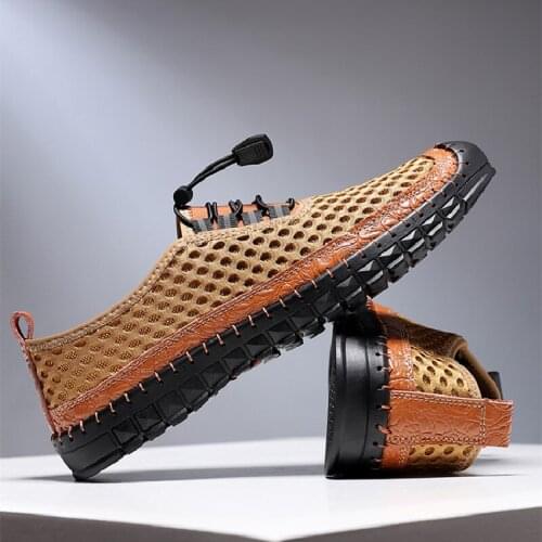Mens mesh casual shoes 2021 summer fashion stitching lace-up mens shoes simple handmade mens lazy driving shoes loafers men