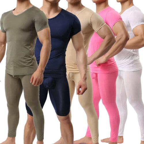Men Underwear Ultra-thin Ice Silk Transparent Shirts Sleep Bottom Short Sleeves Tops Tee Sleepwear Undershirts Camiseta Interior