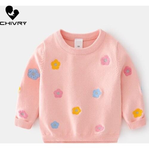 New Baby Girls Pullover Knitted Sweater Autumn Winter Kids Girls Fashion Flower Embroidery O-neck Jumper Sweaters Tops Clothing