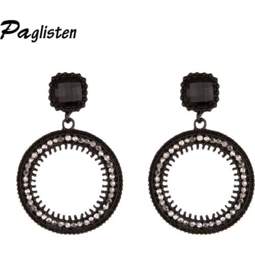 PAGlisten 4 colors Women Retro Silver-Color Round Drop Hanging Earrings Jewelry black Rhinestone Long Dangle Earring brincos