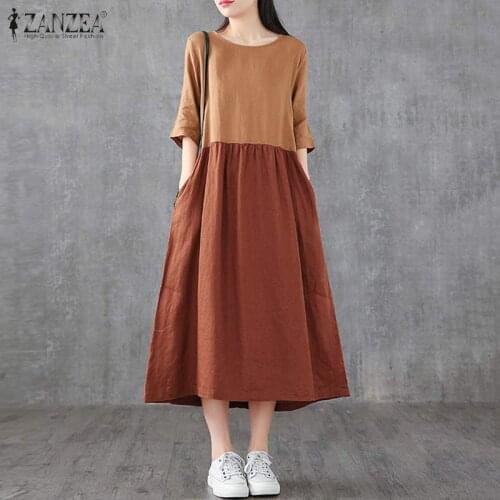Casual O Neck Summer Mid Calf Vestidos Female Oversized ZANZEA 2021 Half Sleeve Stylish Cotton Patchwork Dress Womens Sundress
