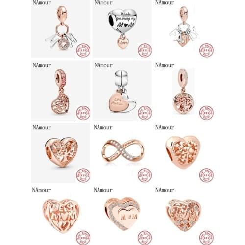 Authentic 925 Sterling Silver Beads Charm rose gold mother son family tree Charms Fit Original Pandora Bracelets Women Jewelry