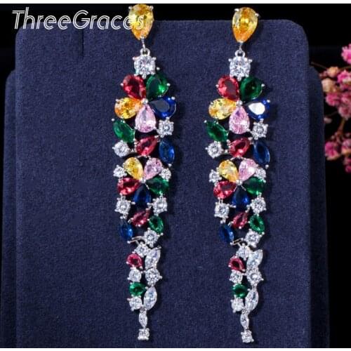 ThreeGraces Elegant Multi Color Cubic Zirconia Flower Shaped Long Drop Earrings for Women Wedding Banquet Jewelry ER030